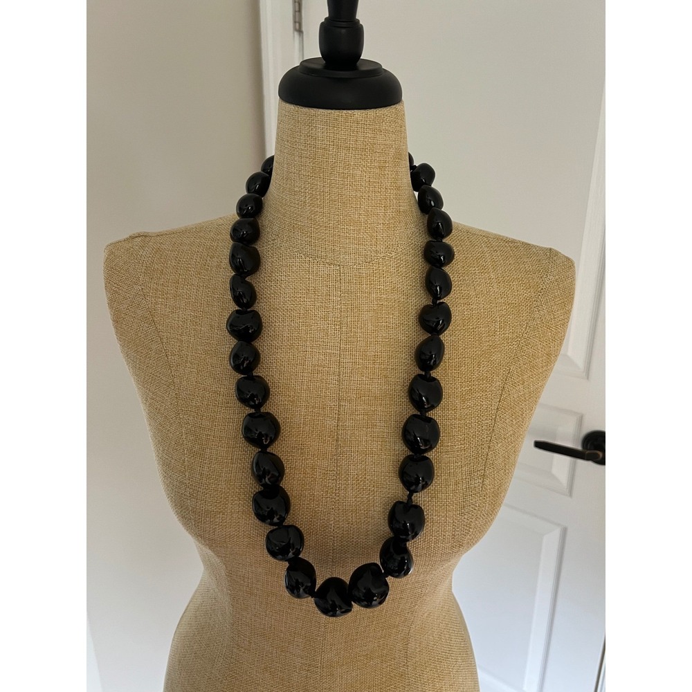 Vintage Kukui Nut Necklace Black Chunky Bead Statement Whimsigoth Witchy Ribbon